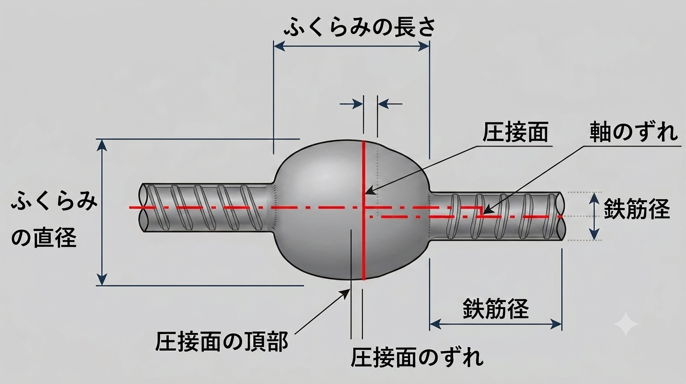 鉄筋圧接部の外観検査の確認項目（ふくらみの直径・長さ、軸の偏心量、圧接面のずれ）を示す図