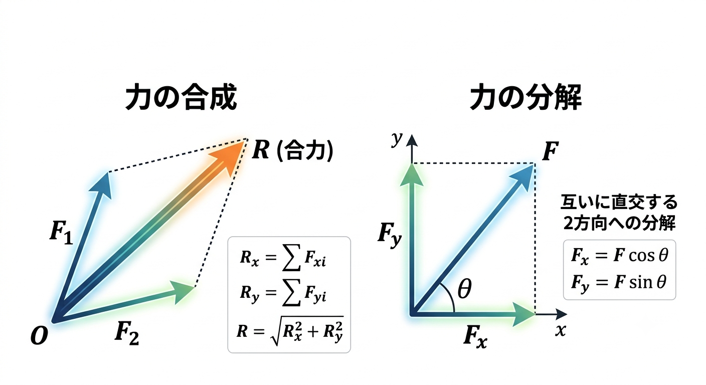 力の合成と分解の図解。平行四辺形の法則による合力、x・y方向への分解