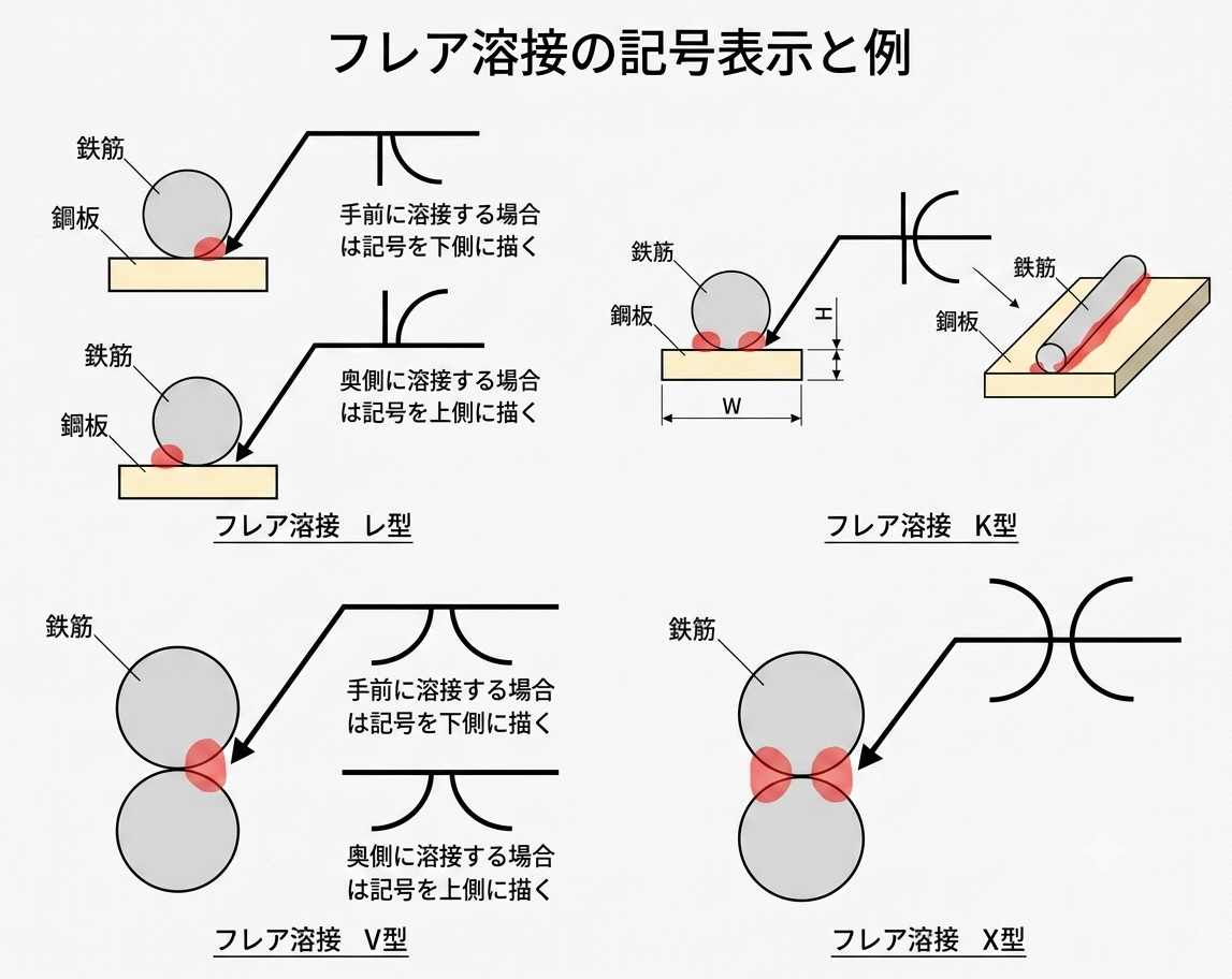 フレア溶接の溶接記号の表示例。レ型・K型・V型・X型と、手前/奥での記号の描き分け