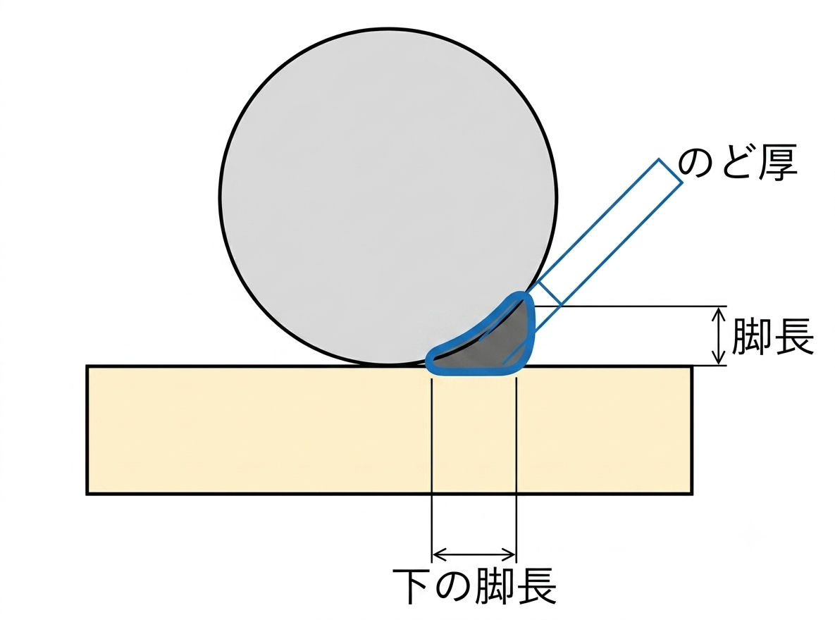 フレア溶接の脚長とのど厚を示す断面図。鉄筋と鋼板の溶接部の脚長・のど厚・下の脚長