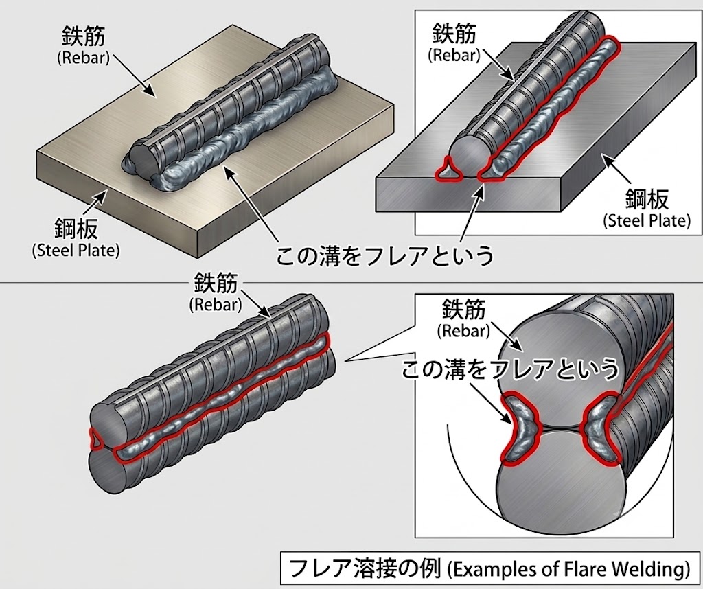 フレア溶接の例。鉄筋と鋼板、鉄筋どうしの間にできる円弧状の溝（フレア）を溶接する様子