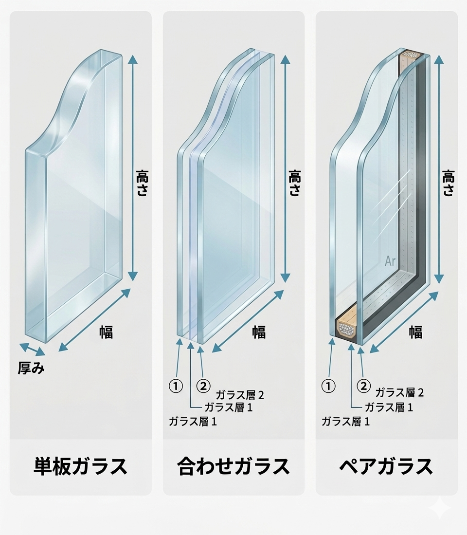 単板ガラス・合わせガラス・ペアガラスの寸法（幅・高さ・厚み①②）の取り方を示した図