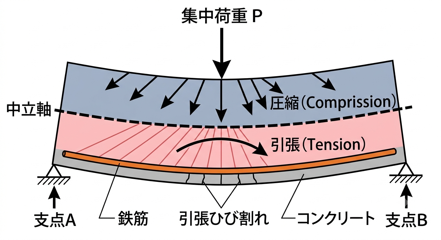 図1：単純梁に集中荷重Pが作用したときの曲げ応力。中立軸を境に上側が圧縮、下側が引張となり、引張側のコンクリートにひび割れが生じるため下側に鉄筋を配置する