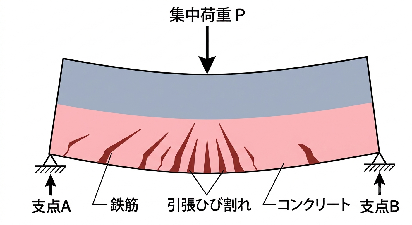 図2：曲げ応力とせん断力の合成によって斜め方向に働く力。補強しないと梁にハの字型（斜め）の引張ひび割れが生じるため、あばら筋を入れて補強する